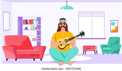 Male bard with ukulele in hands. Musician is playing strings on instrument. Person creates music. Guitarist composes songs and plays his own melody on guitar. Mustachioed man singing at home