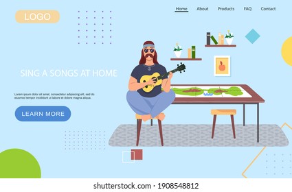 Male bard with ukulele in hands. Musician playing strings on instrument on background of board game. Person creates music. Man with musical instrument. Guitarist is playing guitar in living room