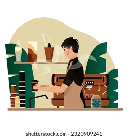 Male barista in apron preparing coffee to go for guests. Experienced coffee shop workers serving clients. Work for students. Colorful vector flat illustration in cartoon style