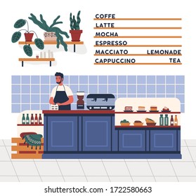 Male barista in apron working at coffeehouse, coffee shop or cafe vector flat illustration. Cartoon man standing at counter preparing hot tasty beverage to go. Guy worker of espresso bar