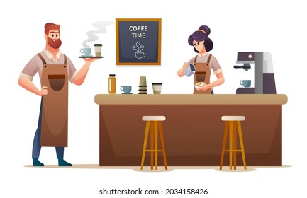 Male barista carrying coffee and the female barista making coffee at coffee shop illustration