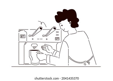 Male barista in front of coffee machine prepares order. Сappuccino time and take away concept. Cartoon man preparing and serving coffee. Doodle guy making cup of hot drink. Flat vector illustration