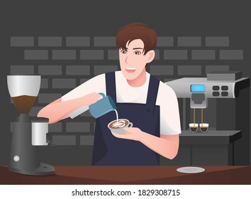 Male barista making coffee, Barista boy cartoon character.