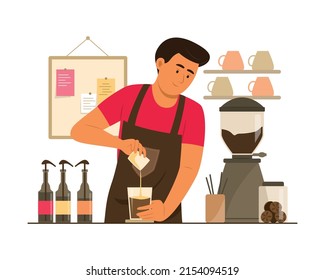 Male Barista Making Coffee In Cafe.