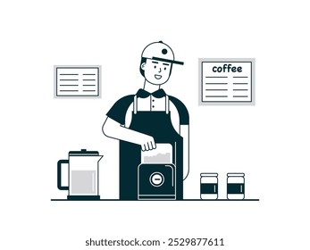 El barista masculino está haciendo café para el Cliente en la cafetería. Diseño de personajes. Ilustración plana de Vector