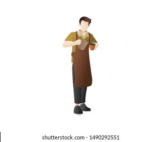 Male barista making coffee. A barista is dropping coffee from the cafe. Barista boy cartoon character, Manual brew drip coffee. Barista Pouring Coffee Illustration