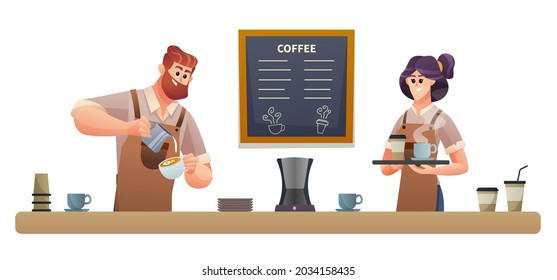 Male Barista Making Coffee And The Female Barista Carrying Coffee With Tray Illustration