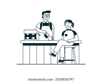 Barista masculino que hace el café para la amiga, comunicación en el café. Diseño de personajes. Ilustración plana de Vector