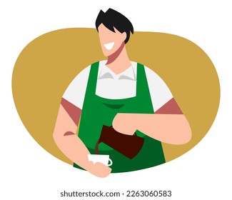 male barista making coffee with happy expression. cafe, profession, people. flat vector graphic design.