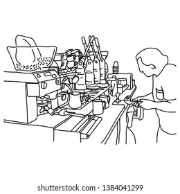 Male Barista Making Coffee At His Shop Vector Illustration Sketch Doodle Hand Drawn With Black Lines Isolated On White Background