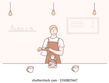 Male barista making coffee, manual brew drip coffee and accessories.Eps10 vector.