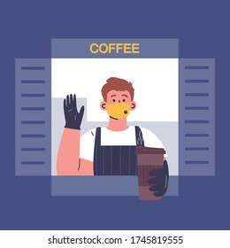 Male barista sells coffee to go from cafe window.Quarantine restrictions.End of quarantine.Cafe during quarantine.The seller in a medical mask,gloves and apron gives out coffee to the buyer.Vector