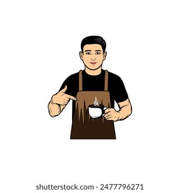 male barista showing a warm drink in her left hand vector illustration