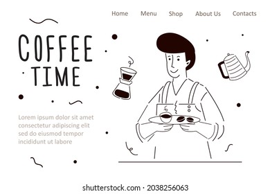 Male barista with tray on which coffee and dessert. Coffee time, take away concept. Man preparing and serving types of coffee. Guy making cup of hot drink. Template, landing page. Vector illustration