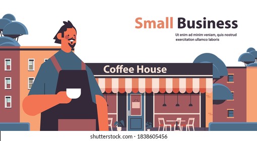 male barista in uniform coffee shop owner in apron standing near coffee house horizontal portrait copy space vector illustration