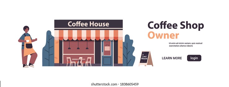 male barista in uniform coffee shop owner in apron standing near coffee house isolated horizontal full length copy space vector illustration