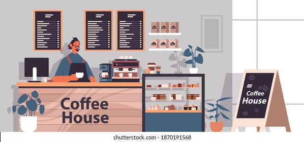 Male Barista In Uniform Working In Modern Coffee House Waiter In Apron Standing At Cafe Counter Horizontal Portrait Vector Illustration