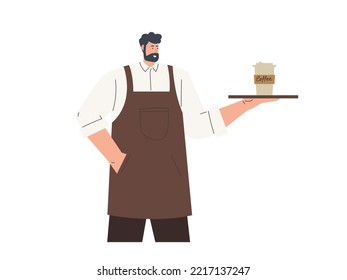 Male barista or waiter character in uniform, restaurant or coffee shop handdrawn style design