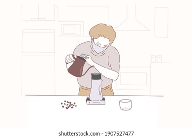 Male barista who poured hot water to make coffee. Hand drawn style vector design illustrations.