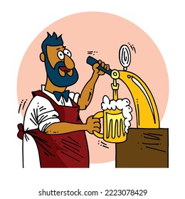 Male barman pouring beer at the bar counter, comic cartoon style vector illustration