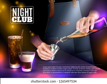 Male bartender making cocktails in night club realistic vector illustration