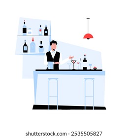 Male Bartender Preparing Drinks At Bar Counter In Flat Vector Illustration Symbolizing Service, Leisure, And Hospitality, Isolated On White Background.