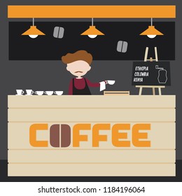 Male bartender standing behind bar in cafe with cup in hand - vector, flat design