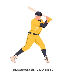 A male baseball player with a baseball bat on a white background. Sportsman. A team game, hitting the ball. An American sports game. Flat vector illustration