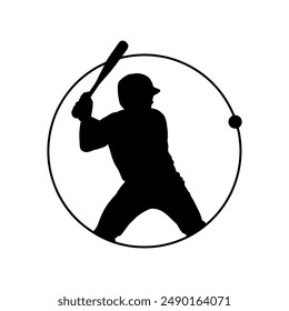 Male Baseball Player Silhouette with Circle Round Frame Icon. Softball Athlete Hit the Ball. Olympic Game Sport Shadow Isolated on White Background Illustration Vector EPS 10