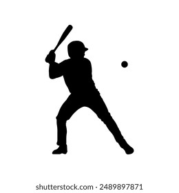 Male Baseball Player Silhouette Icon. Softball Athlete Hit the Ball. Olympic Game Sport Shadow Isolated on White Background Illustration Vector EPS 10
