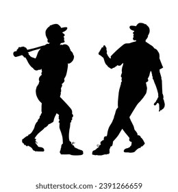 Male baseball player silhouettes on white.