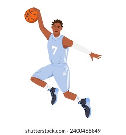 A male basketball player with a ball. A young African American man in a sports uniform is playing basketball with a ball. Team sports. Healthy lifestyle. Vector cartoon illustration in flat style