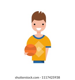 Male basketball player character, smiling guy in sports uniform holding ball vector Illustration on a white background