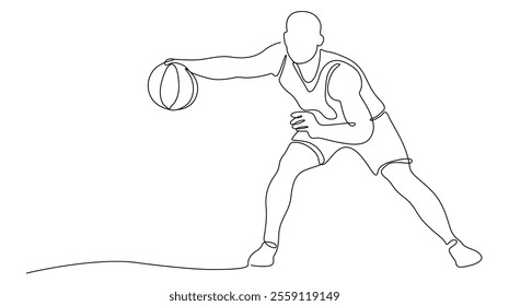 Male basketball player dribbling the ball, basketball players in action line vector