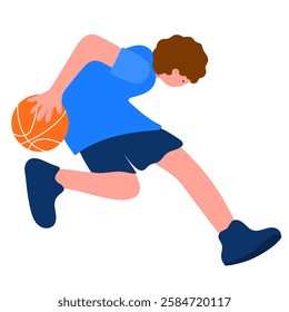 Male basketball player dribbling the ball, flat vector illustration