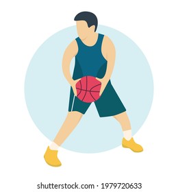 A male basketball player holding the ball and ready for passing it to his teammate