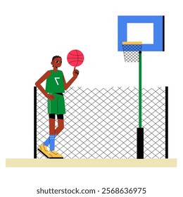 Male Basketball Player Holding Ball Near Hoop In Flat Vector Illustration Symbolizing Sports, Fitness, And Youth Recreation, Isolated On White Background.