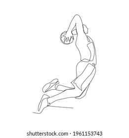 a male basketball player jump and slam dunk	- continuous one line drawing