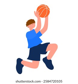 Male basketball player jumping to shoot, flat vector illustration