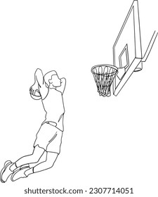 Male basketball player jumping to throw ball in basketball hoop linear vector illustration. Outline vector drawing of boy playing basketball.