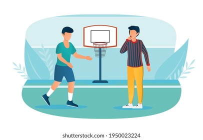 Male basketball player and referee with whistle on the court. Concept of fair referee work while playing basketball. Man is whistle to stop the game because of foul. Flat cartoon vector illustration