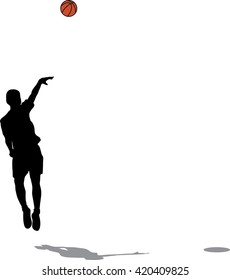 Male basketball player silhouette with color ball on white background, jumping for shot, concept of hope