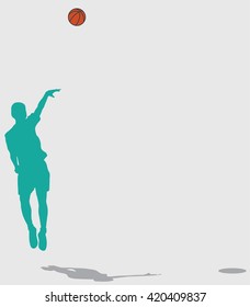 Male basketball player silhouette with color ball on gray background, jumping for shot, concept of hope