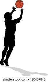 Male basketball player silhouette with color ball on white background, jumping for shot, concept of hope