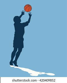Male basketball player silhouette with color ball on blue background, jumping for shot, concept of hope