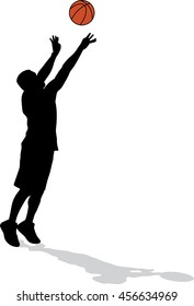 Male basketball player silhouette with color ball on white background, jumping for shot, concept of hope