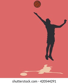 Male basketball player silhouette on a pink background, jumping for shot, concept of hope