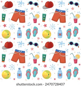 Male Beach accessories seamless pattern. Beach holidays concept. Flat design, cartoon vector illustration.