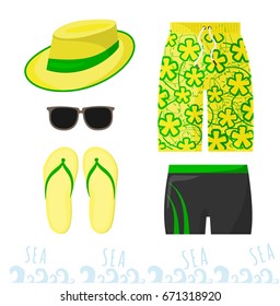 Male beach outfit. Clothing and accessories at sea for men