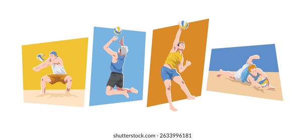 Male beach volleyball player character set illustration. Sport, game, summer. Flat cartoon vector graphic.